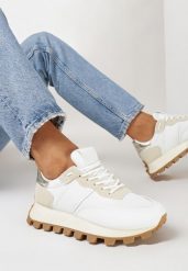 Biało-Beżowe Sneakersy na Grubej Podeszwie ze Żłobieniami i Przeszyciami Frilane. Białe obuwie sportowe damskie Born2be, bez zapięcia. Za 99.99 zł.