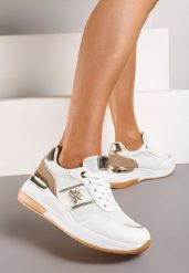 Biało-Złote Sneakersy za Kostkę z Imitacji Skóry na Koturnie z Aplikacją i Sznurowaniem Faelena. Białe obuwie sportowe damskie Renee, z materiału, za kostkę, bez zapięcia. Za 99.99 zł.