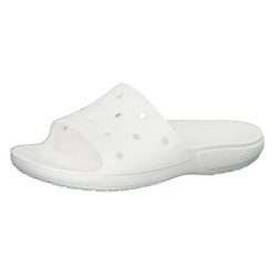 Klapki damskie Crocs Classic Slide. Białe klapki damskie Crocs, bez wzorów, z materiału, bez obcasa, bez zapięcia. W wyprzedaży za 111.95 zł.