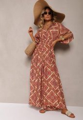 Fuksjowo-Beżowy Boho Kombinezon z Wiązaniem na Plecach z Gumką w Pasie i Długimi Nogawkami Sopolia. Czerwone sukienki damskie Renee, bez wzorów, boho, bez ramiączek. W wyprzedaży za 56.99 zł.