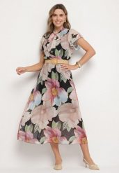 Czarna Sukienka o Rozkloszowanym Kroju z Wiązaniem przy Dekolcie i Paskiem Sorilina. Czarne sukienki damskie Born2be, bez wzorów, eleganckie, bez ramiączek. Za 149.99 zł.