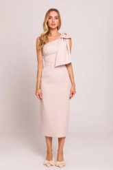 Elegancka sukienka ołówkowa na jedno ramię z kokardą j. beż. Sukienki damskie MOE, bez wzorów, z elastanu, eleganckie, bez ramiączek. Za 389.00 zł.