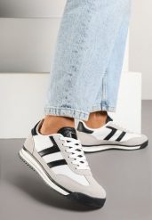 Biało-Czarne Sneakersy Ozdobione Paskami Eranelia. Białe obuwie sportowe damskie Born2be, z jeansu, bez zapięcia. Za 99.99 zł.
