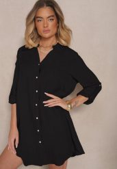 Czarna Pudełkowa Sukienka Bawełniana Oversize z Dekoltem w Serek Elavellis. Czarne sukienki damskie Renee, bez wzorów, z bawełny, eleganckie, bez ramiączek. Za 99.99 zł.