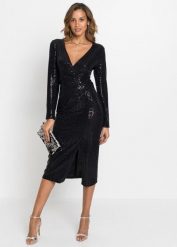 Dopasowana do figury sukienka z cekinami. Czarne sukienki damskie bonprix, bez wzorów, eleganckie, bez ramiączek. Za 189.99 zł.