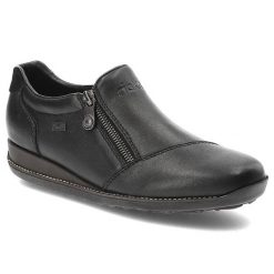 Czarne Półbuty Rieker Wygodne Buty Damskie. Czarne półbuty damskie Rieker, na wiosnę, bez wzorów, z gumy, bez obcasa, bez zapięcia. Za 319.00 zł.