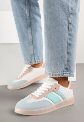 Biało-Niebieskie Sneakersy Typu Tenisówki z Ozdobnymi Paskami Amodelle. Białe obuwie sportowe damskie Born2be, bez wzorów, z jeansu, bez zapięcia. Za 84.99 zł.
