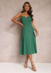 Zielona Rozkloszowana Sukienka Midi z Rozcięciem na Ramiączkach Josine. Zielone sukienki damskie Renee, bez wzorów, eleganckie, bez ramiączek. W wyprzedaży za 83.99 zł.