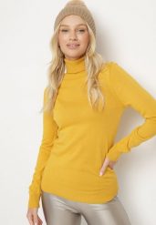 Żółty Golf w Klasycznym Stylu Tasfedi. Żółte golfy damskie Born2be, m, bez wzorów, z jeansu, bez ramiączek. Za 74.99 zł.