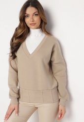 Beżowa Bawełniana Bluza z Dekoltem w Serek Gitra. Brązowe bluzy damskie Born2be, bez wzorów, z bawełny, bez kaptura. Za 89.99 zł.