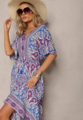 Niebiesko-Fuksjowa Wiskozowa Sukienka Maxi z Gumką w Pasie Ozdobiona Wzorem Paisley Larite. Niebieskie sukienki damskie Renee, bez wzorów, z wiskozy, eleganckie, bez ramiączek. W wyprzedaży za 67.99 zł.