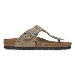 Birkenstock Gizeh Rivet LEVE Taupe Japonki damskie. Brązowe klapki damskie Birkenstock, bez wzorów, ze skóry, bez obcasa, bez zapięcia. Za 499.99 zł.