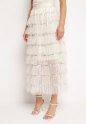 Beżowa Spódnica Maxi o Rozkloszowanym Fasonie Ozdobiona Falbankami i Cekinami Meepa. Brązowe spódnice damskie Born2be, m, bez wzorów, z materiału, maxi. Za 119.99 zł.