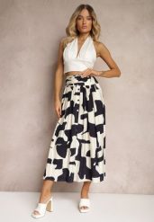 Biało-Granatowa Rozkloszowana Spódnica High Waist z Gumką w Talii i Guzikami Tinasshi. Białe spódnice damskie Renee, na lato, m, bez wzorów, z materiału, maxi. Za 69.99 zł.