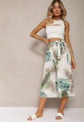 Biało-Zielone Plisowane Spodnie z Szerokimi Nogawkami High Waist z Gumką w Talii Alfia. Białe spodnie materiałowe damskie Renee, bez wzorów, z bawełny. Za 44.99 zł.