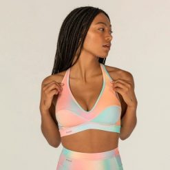 Góra kostiumu kąpielowego surfingowego damska Olaian Ana Blur. Czerwone bikini OLAIAN, bez wzorów, z elastanu. W wyprzedaży za 69.99 zł.