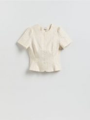 Koszula z bufkami - złamana biel. Koszule damskie Reserved, l, bez wzorów, z bawełny, bez kołnierzyka, bez ramiączek. Za 139.99 zł.