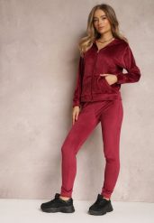 Bordowy 2-częściowy Komplet Dresowy Welurowy z Bluzą i Spodniami Misnes. Czerwone bluzy damskie Renee, s, bez wzorów, z dresówki, z kapturem. Za 84.99 zł.