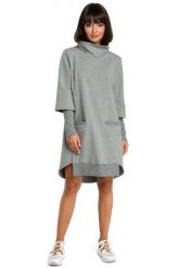 Szara Dresowa Asymetryczna Sukienka z Golfem. Szare sukienki damskie MOE, bez wzorów, z bawełny, bez ramiączek. Za 279.90 zł.