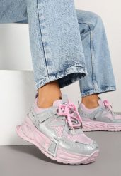 Różowo-Szare Sneakersy na Platformie z Ozdobnym Tłoczeniem Lurine. Czerwone obuwie sportowe damskie Renee, z jeansu, bez zapięcia. Za 89.99 zł.