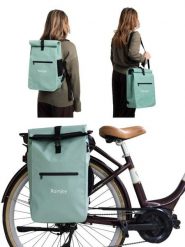 Wodoodporny plecak rowerowy 3w1 – plecak, sakwa na bagażnik i torba na ramię. Zielone torby na laptopa RAINJOY, bez wzorów, z materiału. Za 290.00 zł.