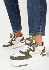 Zielono-Białe Sneakersy z Imitacji Skóry z Ozdobnymi Wstawkami Xavara. Brązowe obuwie sportowe damskie Born2be, ze skóry, bez zapięcia. Za 109.99 zł.