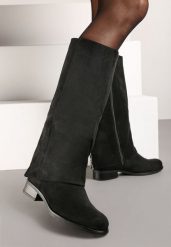 Czarne Kozaki z Imitacji Zamszu na Płaskim Obcasie z Wywiniętą Cholewką Reanilis. Czarne kozaki damskie Born2be, z jeansu, bez obcasa, na płaskiej podeszwie, bez zapięcia. Za 149.99 zł.