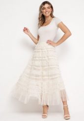 Jasnobeżowa Tiulowa Spódnica Maxi z Gumką w Talii i Falbankami Veida. Brązowe spódnice damskie Born2be, m, z aplikacjami, z tiulu, maxi. Za 139.99 zł.