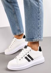 Biało-Czarne Sznurowane Sneakersy z Imitacji Skóry Ozdobione Paskami z Cyrkoniami Isolinna. Białe obuwie sportowe damskie Renee, ze skóry, bez zapięcia. Za 69.99 zł.