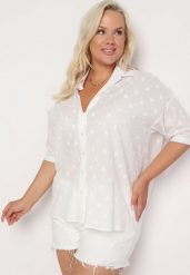 Biała Bawełniana Koszula z Krótkim Rękawem w Ozdobne Kropki Tinasenna. Białe koszule damskie Born2be, plus size, bez wzorów, z bawełny, biznesowe, bez kołnierzyka, plus size, bez ramiączek. Za 79.99 zł.