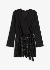 Krótki kombinezon z cekinami. Czarne kombinezony damskie bonprix, bez wzorów, eleganckie, bez kołnierzyka, bez ramiączek, krótkie. Za 189.99 zł.