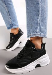 Czarne Sneakersy na Grubej Podeszwie ze Wstawkami z Perforacją Lanya. Czarne obuwie sportowe damskie Renee, bez zapięcia. Za 69.99 zł.