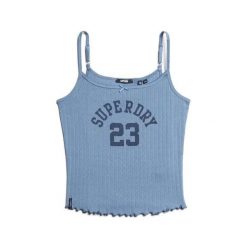 Kobiece top z koronki z wzorem Superdry Athletic. Niebieskie koszulki sportowe damskie Superdry, bez wzorów, z koronki, bez ramiączek. Za 119.30 zł.