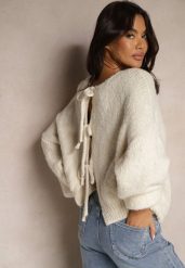 Beżowy Kardigan z Wełną o Kroju Oversize z Wiązanymi Kokardami Elearina. Brązowe kardigany damskie Renee, bez wzorów, z jeansu. Za 139.99 zł.