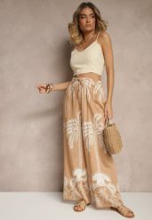 Ciemnobeżowe Spodnie z Wiskozy o Szerokim Kroju High Waist z Palmami Varritia. Brązowe spodnie materiałowe damskie Renee, bez wzorów, z jeansu. Za 39.99 zł.