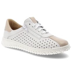 Półbuty damskie Wasak, z perforowaną cholewką na lekkiej elastycznej podeszwie z bocznym zamkiem i subtelnymi wstawkami, białe, 0812. Białe półbuty damskie Wasak, bez wzorów, ze skóry, bez obcasa, bez zapięcia. Za 305.90 zł.