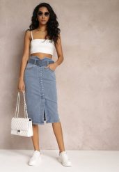 Niebieska Jeansowa Spódnica Ołówkowa Midi z Guzikami i Rozcięciem Jackiesa. Niebieskie spódnice damskie Renee, m, bez wzorów, z jeansu, midi. Za 129.99 zł.