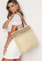 Beżowa Torebka Shopperka Wykończona Plecionką i Frędzlami w Stylu Boho Rivaniane. Brązowe shopper bag Born2be, z jeansu, bez dodatków. Za 69.99 zł.