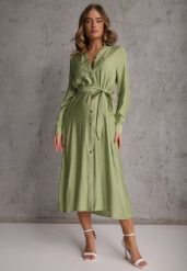 Zielona Sukienka z Wiskozą o Koszulowym Kroju z Wiązanym Paskiem Rissanni. Zielone sukienki damskie Renee, bez wzorów, z wiskozy, eleganckie, bez ramiączek. Za 99.99 zł.