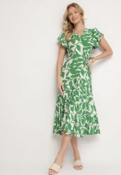 Jasnozielona Rozkloszowana Sukienka z Wiązaniem w Roślinny Wzór Janitaie. Zielone sukienki damskie Born2be, bez wzorów, z jeansu, eleganckie, bez ramiączek. Za 89.99 zł.