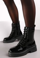 Czarne Botki Workery z Lakierowaną Cholewką Nouria. Czarne botki damskie Renee, z jeansu, eleganckie, bez obcasa, na obcasie, bez zapięcia. Za 49.99 zł.