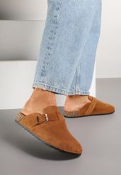 Brązowe Klapki Ozdobione Klamrą na Pasku Zelevelis. Brązowe klapki damskie Renee, bez wzorów, z jeansu, bez obcasa, na obcasie, bez zapięcia. Za 44.99 zł.