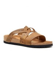 Comfortfusse Skórzane klapki w kolorze jasnobrązowym rozmiar: 35. Brązowe klapki damskie Comfortfüße, bez wzorów, ze skóry, z otwartym noskiem, bez obcasa, bez zapięcia. Za 252.99 zł.