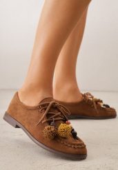 Brązowe Mokasyny VICES z Wkładką ze Skóry Natualnej Ozdobione Koralikami. Brązowe mokasyny damskie Born2be, z materiału, z okrągłym noskiem, bez obcasa. Za 89.99 zł.