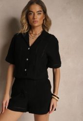Czarne Szorty z Bawełny High Waist Ozdobione Geometrycznym Wzorem Galessira. Czarne szorty damskie Renee, bez wzorów, z bawełny, z podwyższonym stanem. Za 54.99 zł.