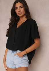 Czarna Koszula Zapinana na Guziki z Ozdobną Koronką Willona. Czarne koszule damskie Renee, xl, z aplikacjami, z koronki, bez kołnierzyka, bez ramiączek. Za 49.99 zł.