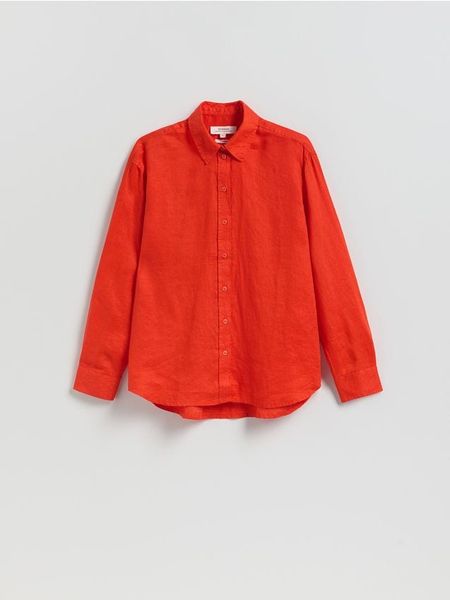Lniana koszula - pomarańczowy. Brązowe koszule damskie Reserved, l, bez wzorów, z tkaniny, bez kołnierzyka, bez ramiączek. Za 159.99 zł.