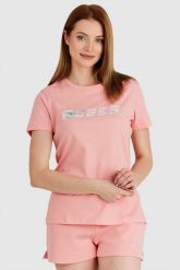 GUESS Brzoskwiniowy t-shirt damski z kolorowym logo. Czerwone t-shirty damskie Guess, s, z aplikacjami, z bawełny, bez kołnierzyka. W wyprzedaży za 129.99 zł.