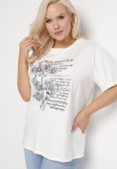 Biały T-shirt z Bawełny z Metalicznym Nadrukiem Olianea. Białe t-shirty damskie Born2be, xl, bez wzorów, z bawełny, bez kołnierzyka. Za 39.99 zł.