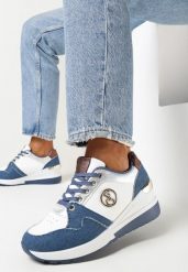 Granatowe Sznurowane Sneakersy na Koturnie z Brokatem Lasima. Niebieskie obuwie sportowe damskie Born2be, bez zapięcia. Za 54.99 zł.